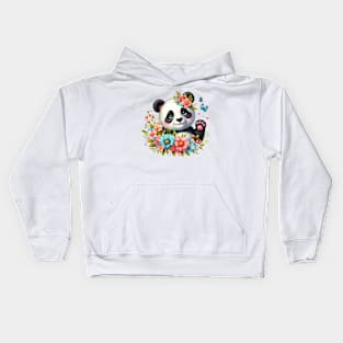 A panda decorated with beautiful colorful flowers. Kids Hoodie